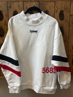 Hummel Willy Chavarria White Crewneck Sweater with Black and Red Sleeve Stripes
